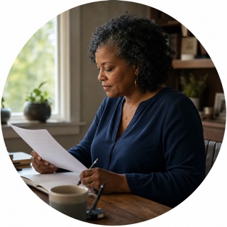 Illustrative editorial portrait of a client reviewing notes at home.