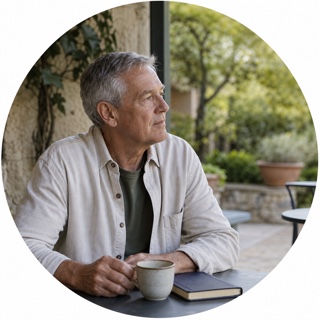 Illustrative editorial portrait of a client sitting quietly outdoors.