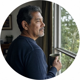 Illustrative editorial portrait of a client reflecting by a window.